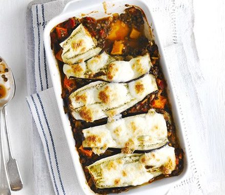 Layered aubergine & lentil bake recipe