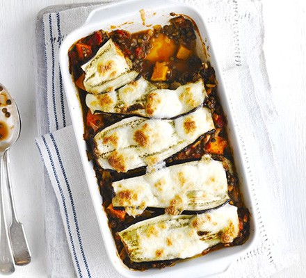 Layered aubergine & lentil bake recipe 