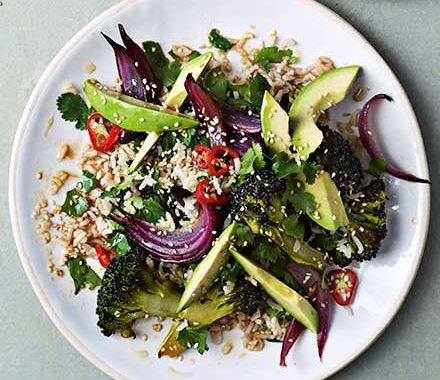 Avocado, roasted broccoli & sesame rice salad recipe