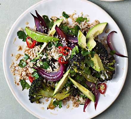 Avocado, roasted broccoli & sesame rice salad recipe 