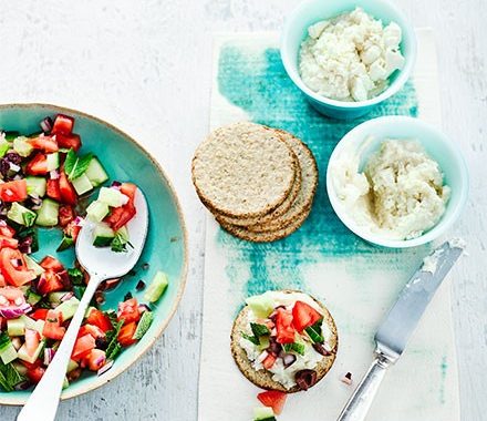 Bean & feta spread with Greek salad salsa & oatcakes recipe
