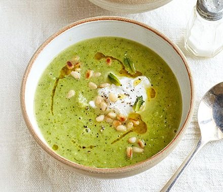 Broccoli & pea soup with minty ricotta recipe