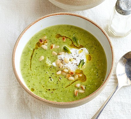 Broccoli & pea soup with minty ricotta recipe 