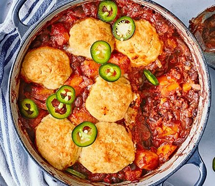 Chipotle sweet potato & black bean stew with cheddar dumplings recipe