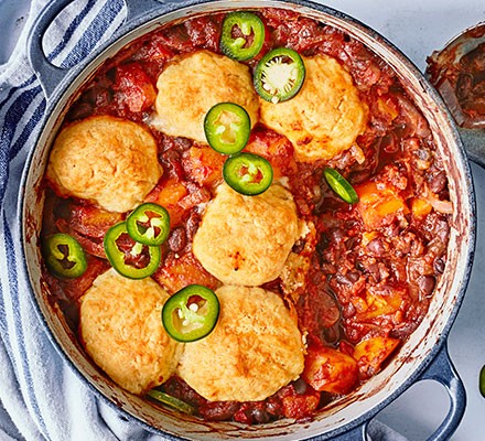 Chipotle sweet potato & black bean stew with cheddar dumplings recipe 