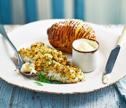 Cod with an orange & dill crumb and hasselback potato recipe