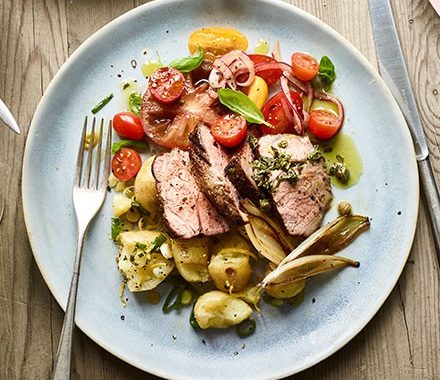 Cumin-crusted lamb with shallots & crushed new potatoes recipe