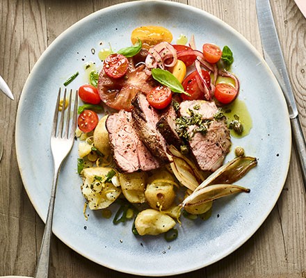 Cumin-crusted lamb with shallots & crushed new potatoes recipe 