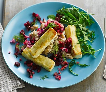 Pan-cooked feta with beetroot salsa & bean mash recipe