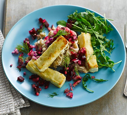 Pan-cooked feta with beetroot salsa & bean mash recipe 