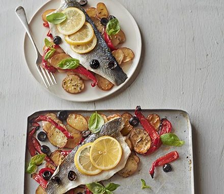 Roast sea bass & vegetable traybake recipe
