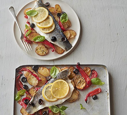 Roast sea bass & vegetable traybake recipe 