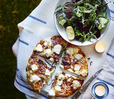 Goat’s cheese & caramelised onion frittata with a lemony green salad recipe