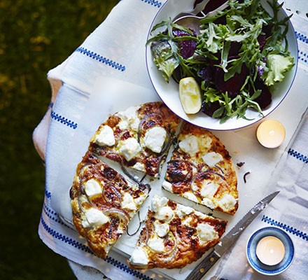 Goat’s cheese & caramelised onion frittata with a lemony green salad recipe 
