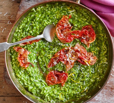 Green spinach & lemon risotto with crispy prosciutto recipe 