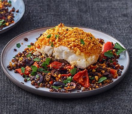 Harissa-crumbed fish with lentils & peppers recipe
