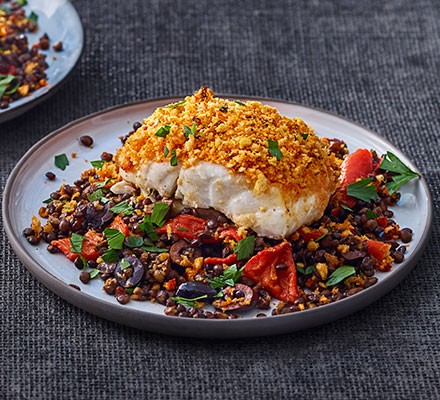 Harissa-crumbed fish with lentils & peppers recipe 