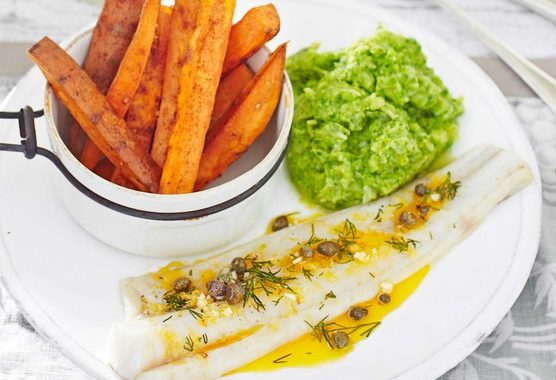 Lemon pollock with sweet potato chips & broccoli mash recipe