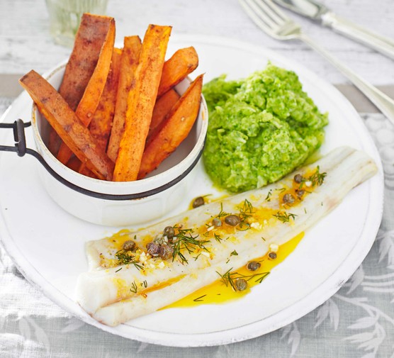 Lemon pollock with sweet potato chips & broccoli mash recipe 