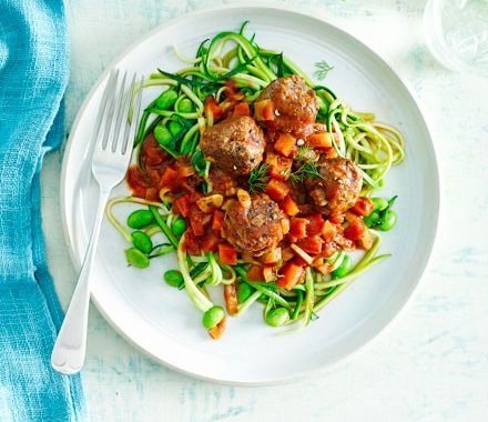 Meatballs with fennel & balsamic beans & courgette noodles recipe