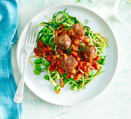 Meatballs with fennel & balsamic beans & courgette noodles recipe 