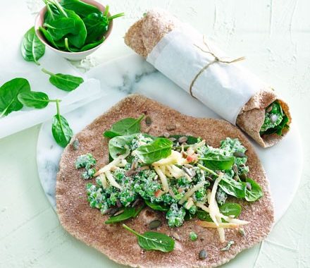 Minted pea, goat’s cheese & spinach wraps recipe