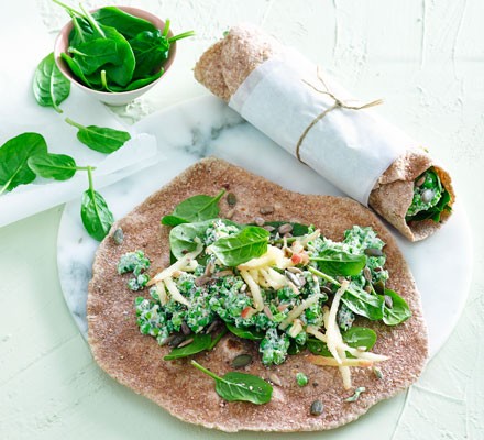 Minted pea, goat’s cheese & spinach wraps recipe 