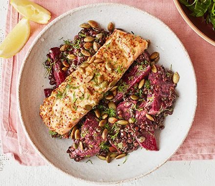 Mustardy salmon with beetroot & lentils recipe