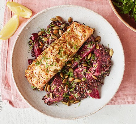 Mustardy salmon with beetroot & lentils recipe 