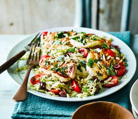 Oregano halloumi with orzo salad recipe