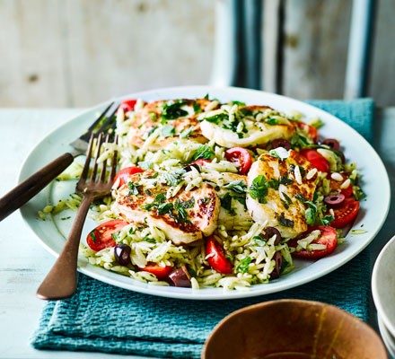 Oregano halloumi with orzo salad recipe 