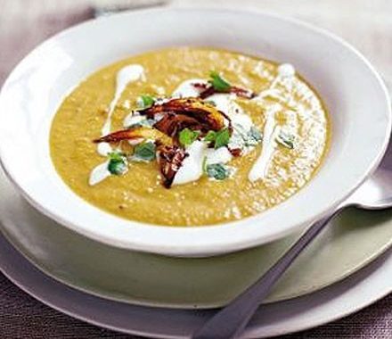 Spiced root soup with crisp spiced onions recipe