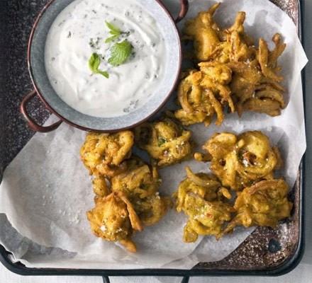 Red onion & chilli bhajis with mint & garlic raita recipe 