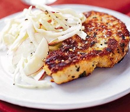 Crisp sage & Parmesan pork with red apple coleslaw recipe
