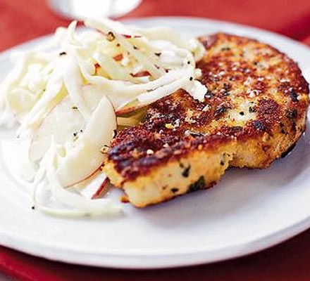 Crisp sage & Parmesan pork with red apple coleslaw recipe 