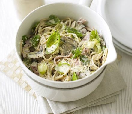 Creamy ham, leek & mushroom spaghetti recipe