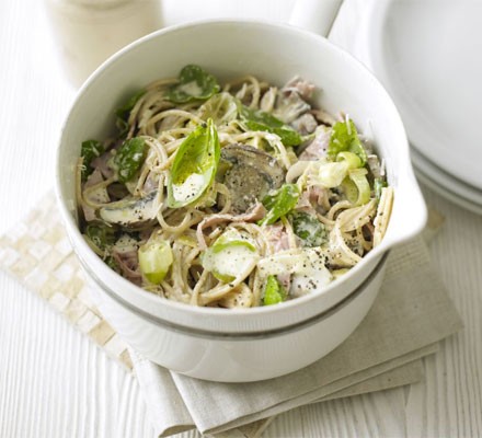 Creamy ham, leek & mushroom spaghetti recipe 