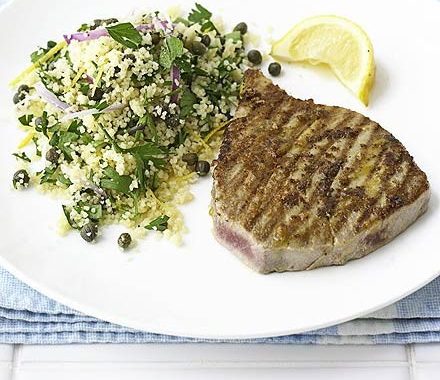 Hot mustard tuna with herby couscous recipe