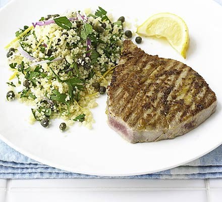 Hot mustard tuna with herby couscous recipe 