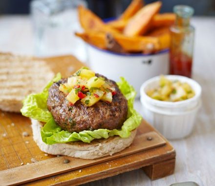Skinny Thai burgers with sweet potato chips & pineapple salsa recipe