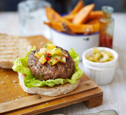Skinny Thai burgers with sweet potato chips & pineapple salsa recipe 