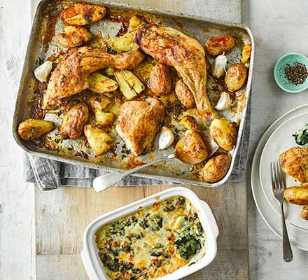 Roast chicken with squashed new potatoes & cheesy creamed spinach recipe 