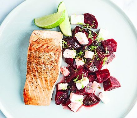 Salmon with beetroot, feta & lime salsa recipe