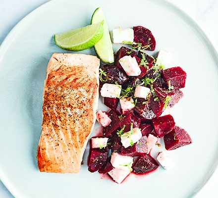 Salmon with beetroot, feta & lime salsa recipe 