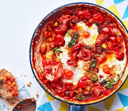 Saucy bean baked eggs recipe