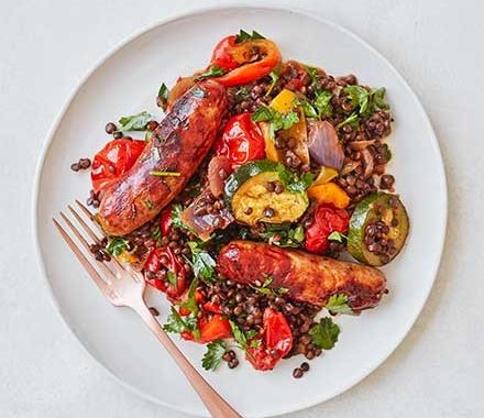 Sausage, roasted veg & puy lentil one-pot recipe