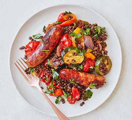 Sausage, roasted veg & puy lentil one-pot recipe 