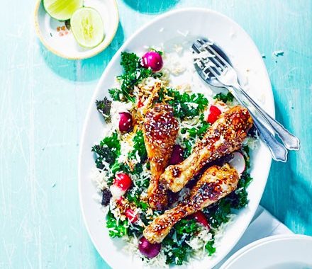 Sticky chicken drumsticks & sesame rice salad recipe