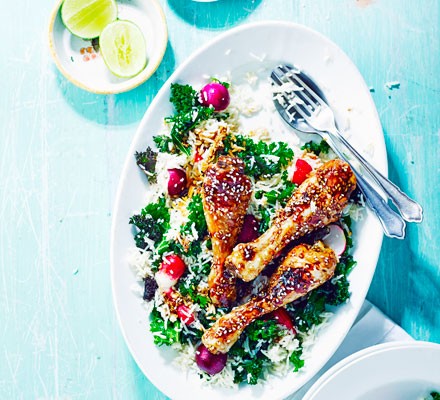 Sticky chicken drumsticks & sesame rice salad recipe 