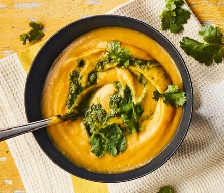 Sweet potato, coconut & lemongrass soup with coriander sambal recipe